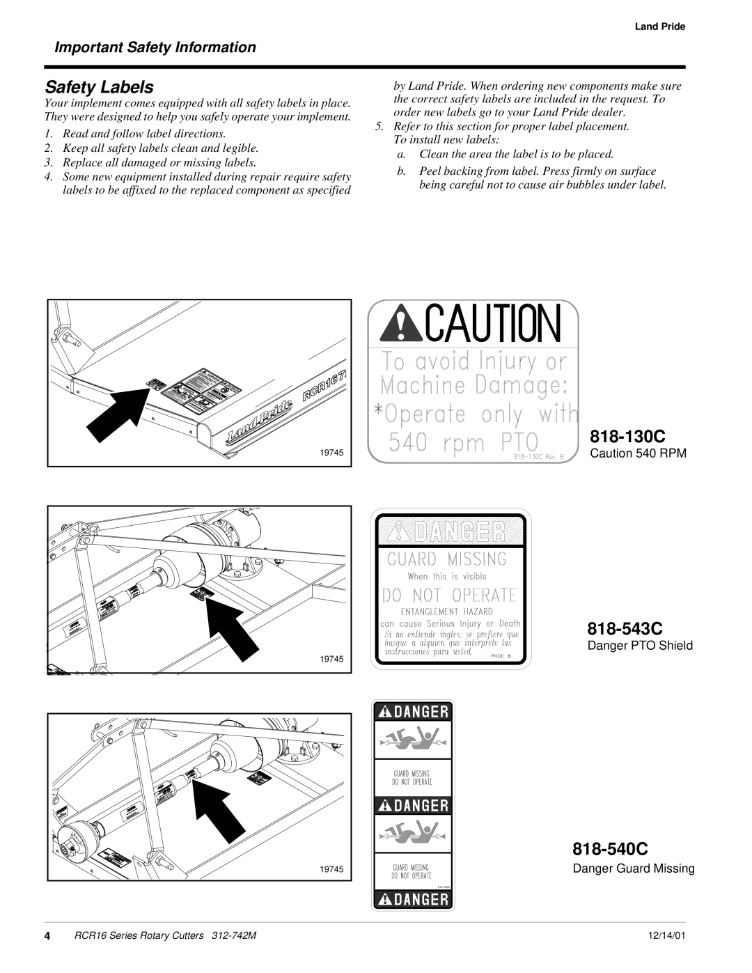 Land Pride RCR16 Series manual 818-130C, 818-543C, 818-540C, Important Safety Information 