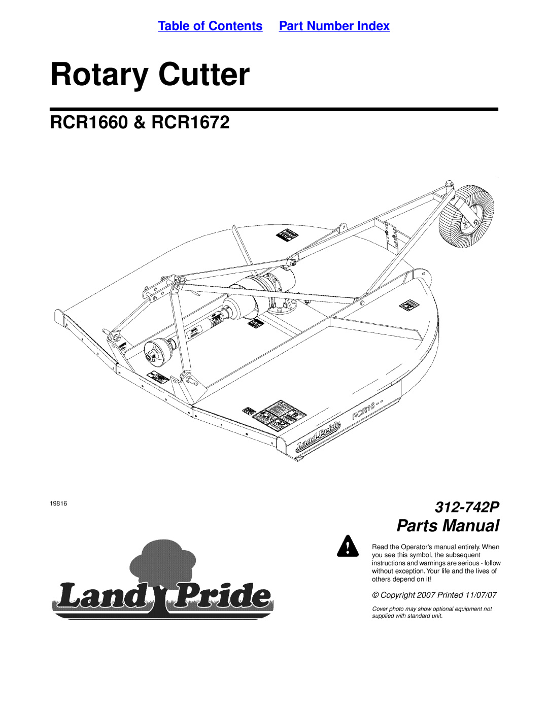 Land Pride RCR1660 manual Rotary Cutter 