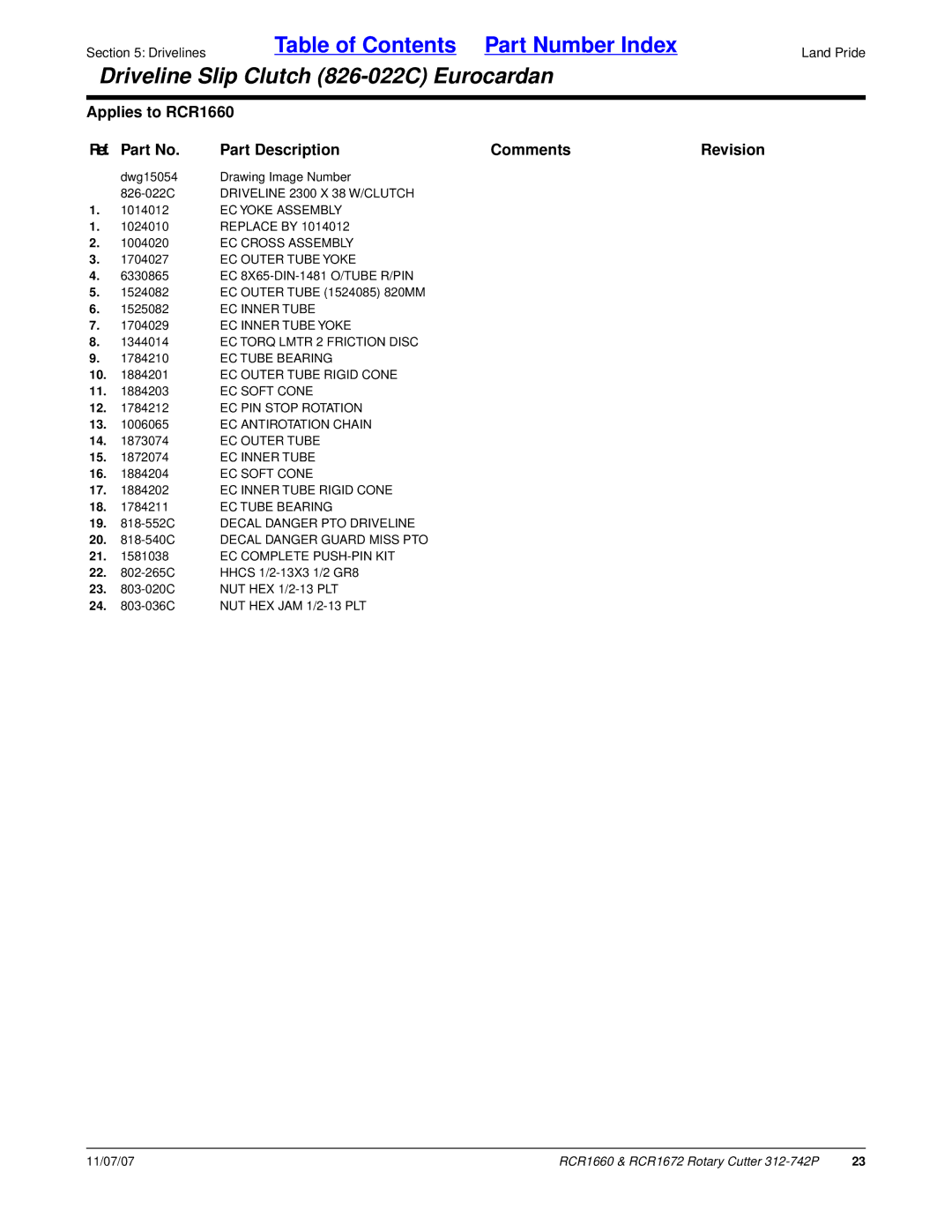 Land Pride RCR1660 manual Driveline 2300 X 38 W/CLUTCH, EC Yoke Assembly, EC Antirotation Chain, EC Outer Tube 