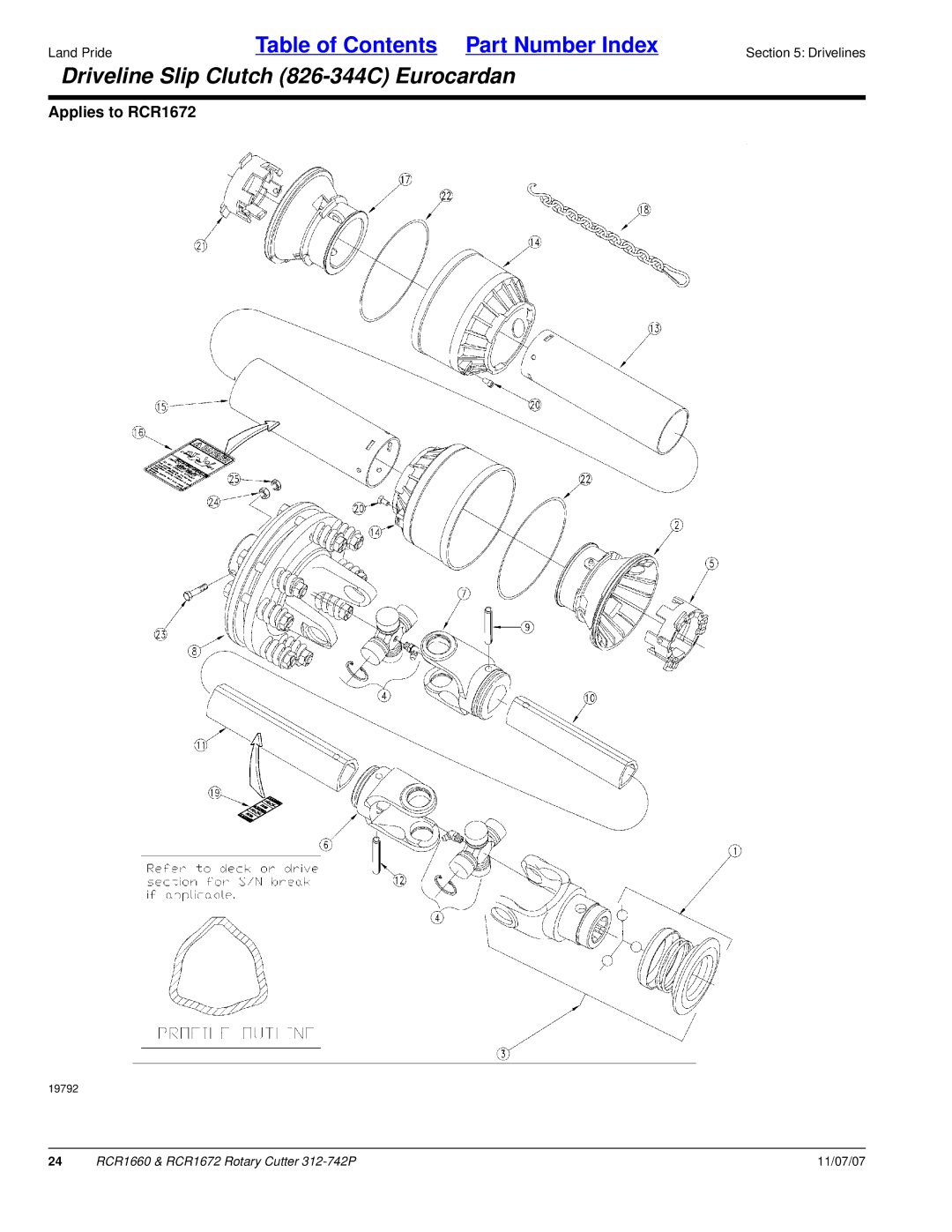 Land Pride RCR1660 manual Driveline Slip Clutch 826-344C Eurocardan 