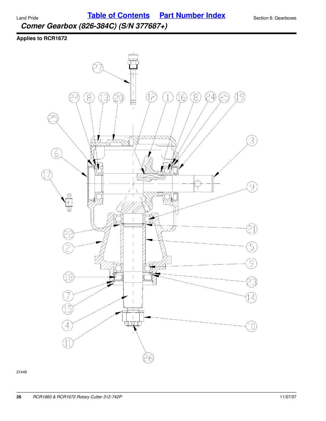 Land Pride RCR1660 manual Comer Gearbox 826-384C S/N 377687+ 