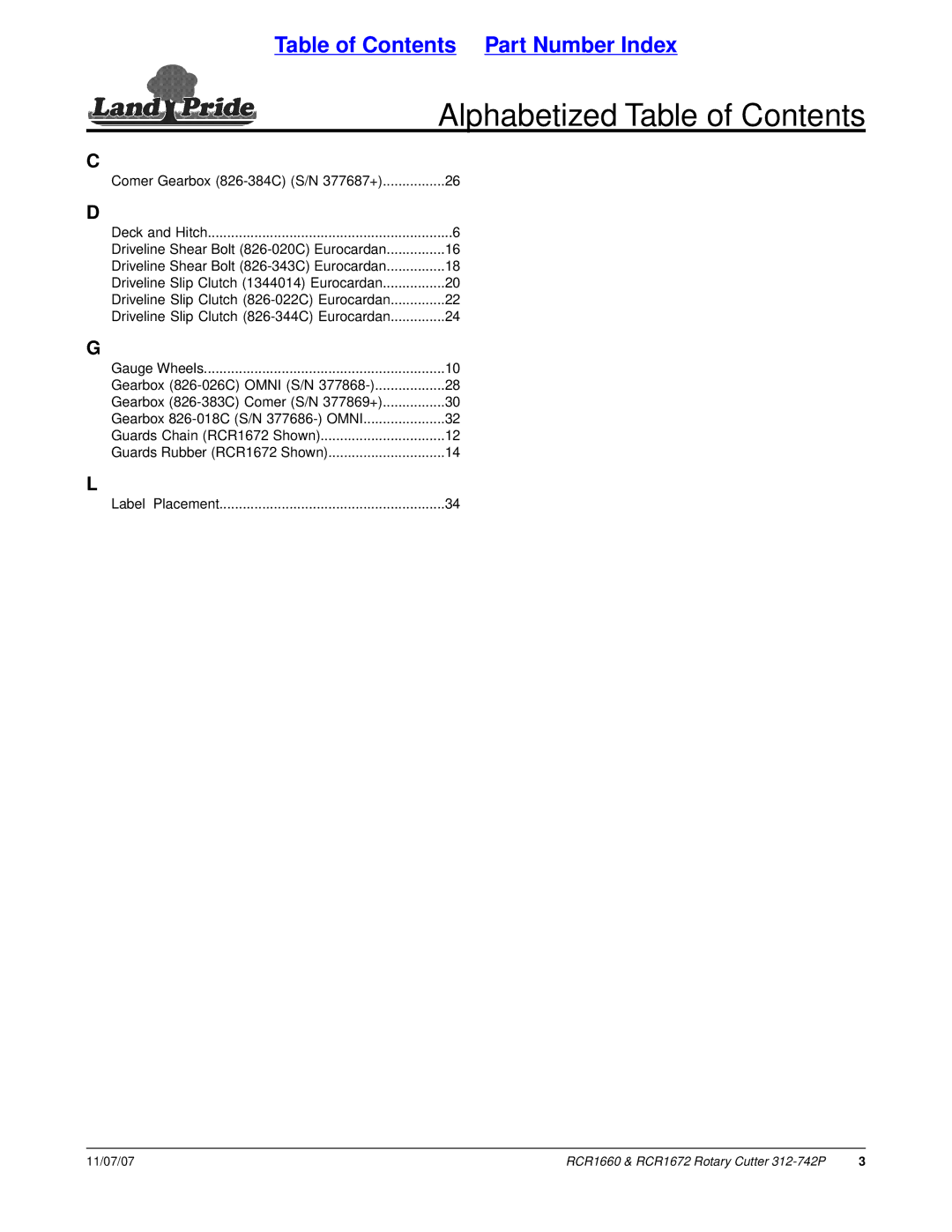 Land Pride RCR1660 manual Alphabetized Table of Contents 