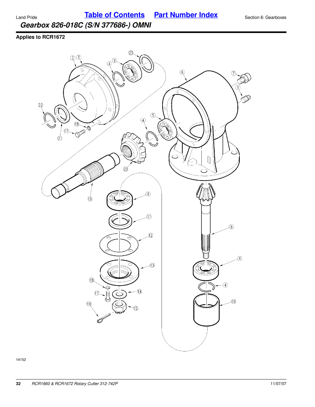 Land Pride RCR1660 manual Gearbox 826-018C S/N 377686- Omni 