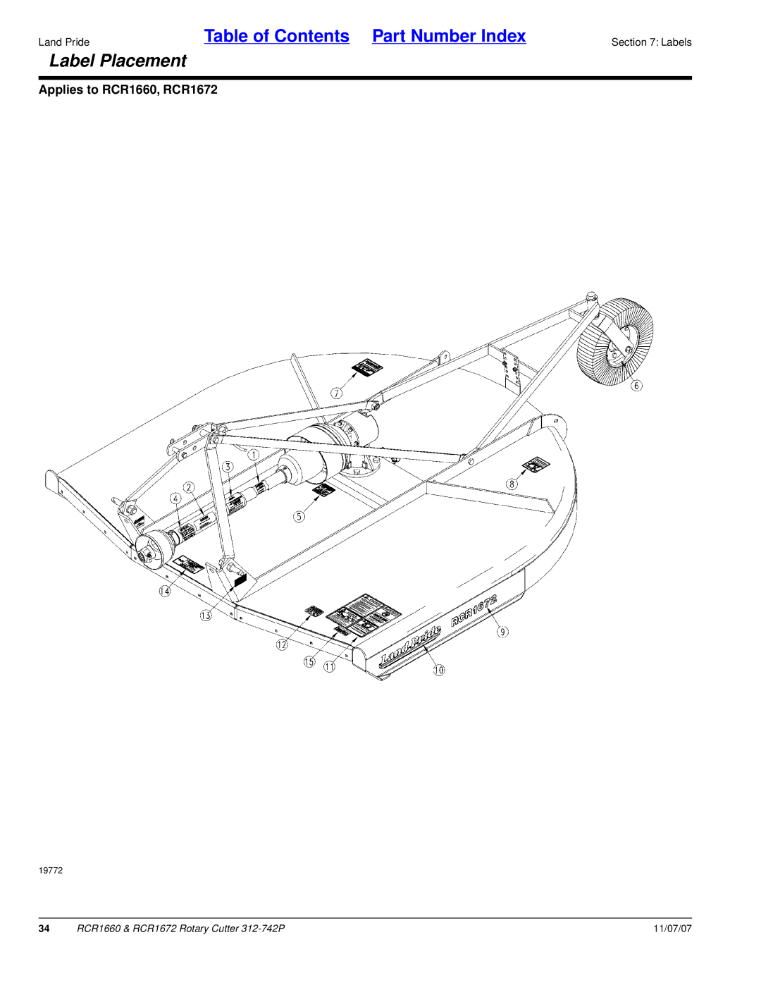 Land Pride RCR1660 manual Label Placement 