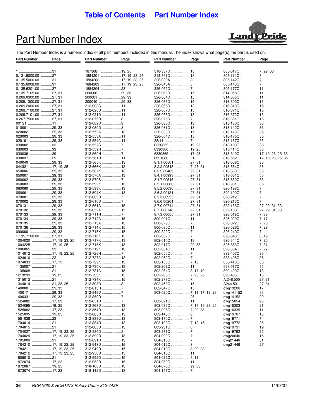 Land Pride RCR1660 manual Part Number Index 