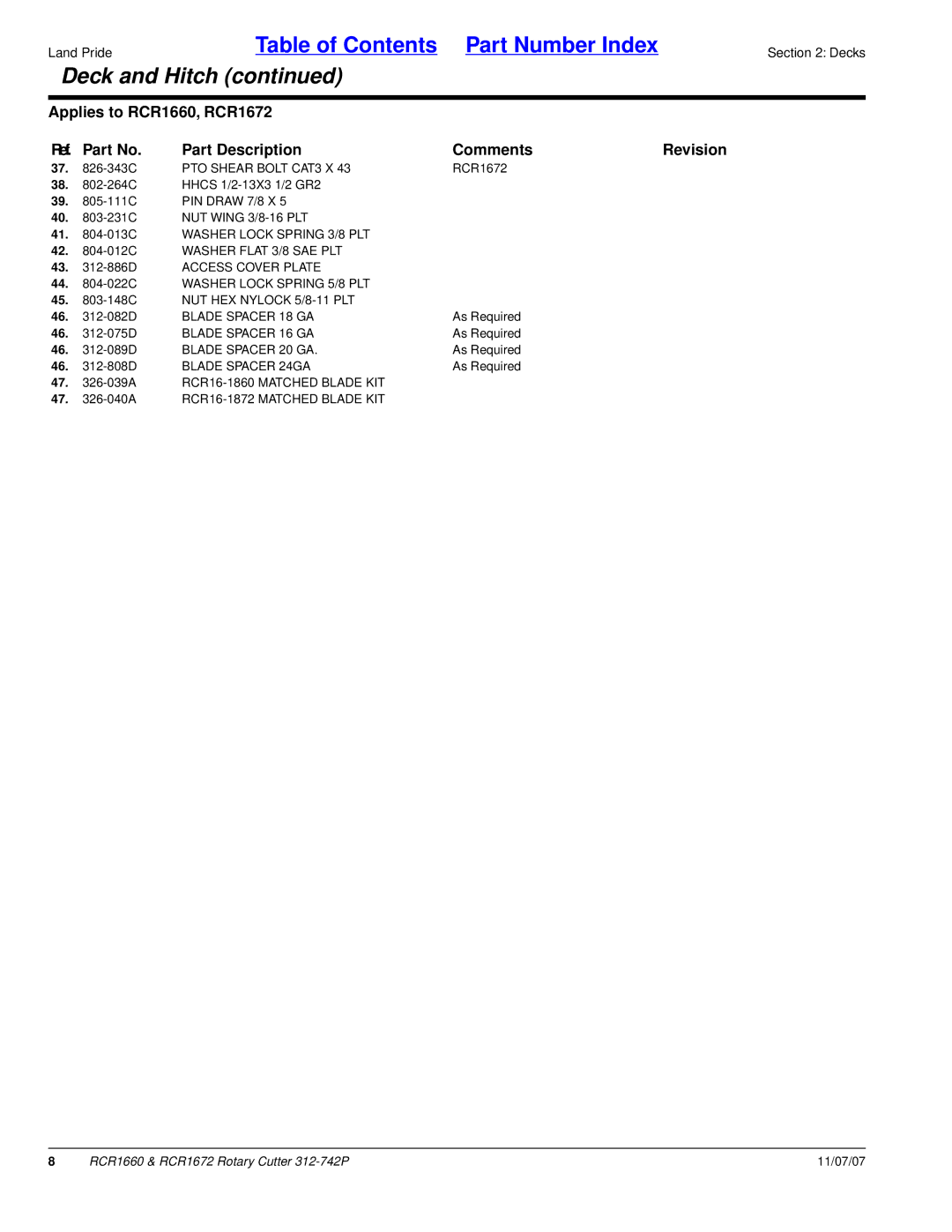 Land Pride RCR1660 manual 41 -013C Washer Lock Spring 3/8 PLT, Blade Spacer 18 GA, Blade Spacer 16 GA, Blade Spacer 20 GA 