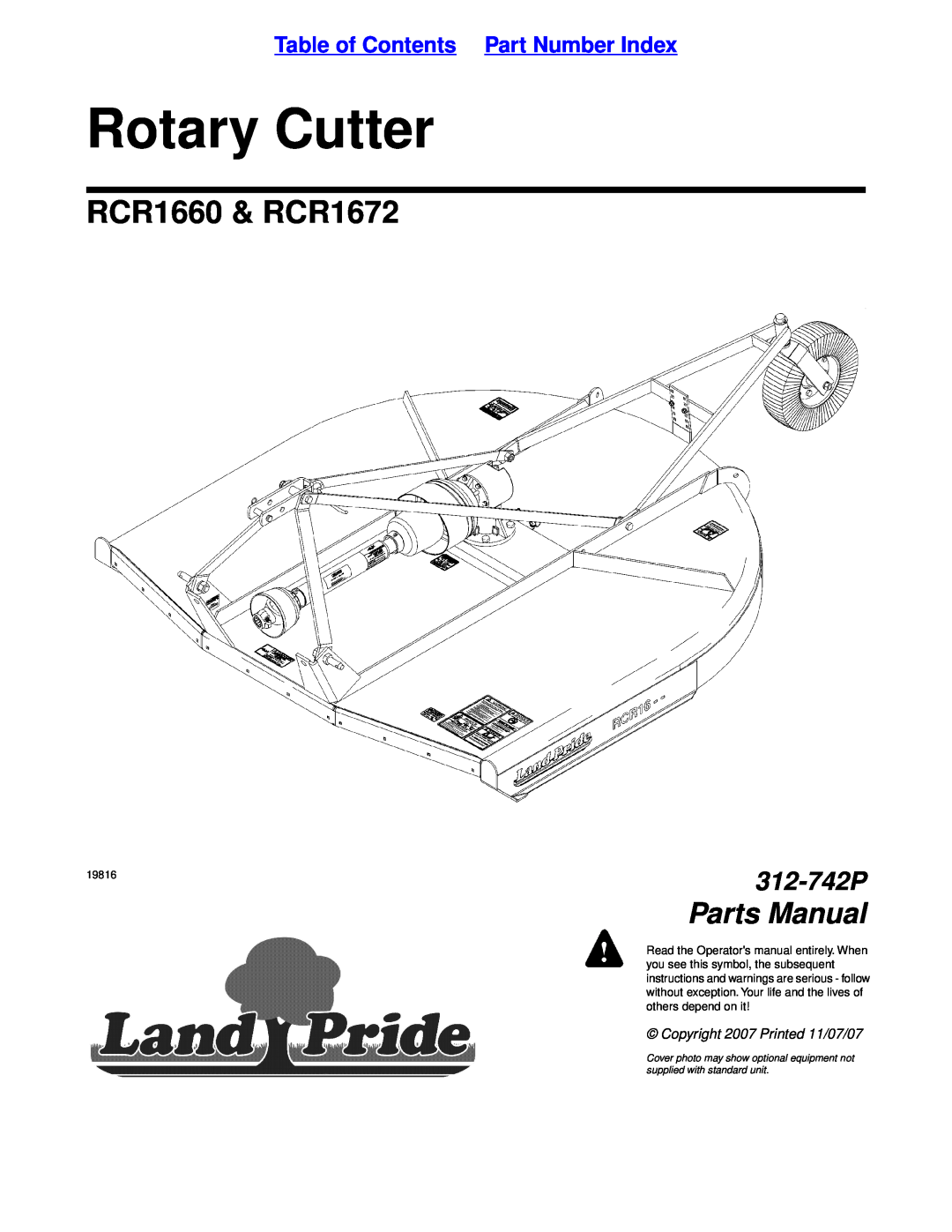 Land Pride manual Table of Contents Part Number Index, Rotary Cutter, RCR1660 & RCR1672, Parts Manual, 312-742P 