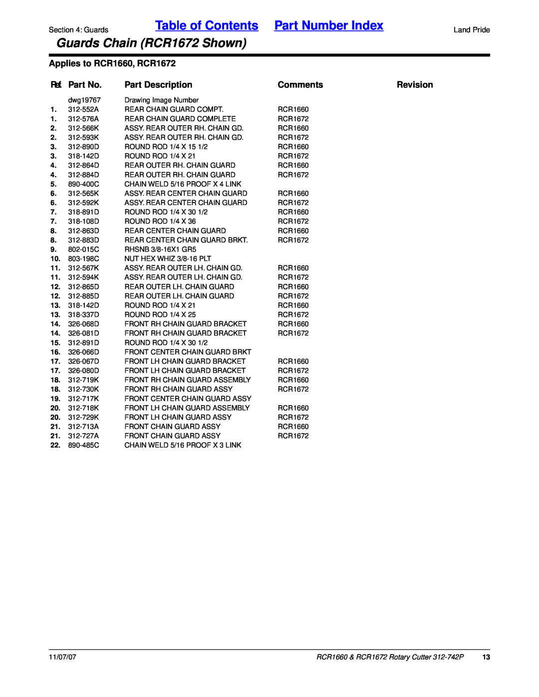 Land Pride Table of Contents Part Number Index, Guards Chain RCR1672 Shown, Applies to RCR1660, RCR1672, Ref. Part No 