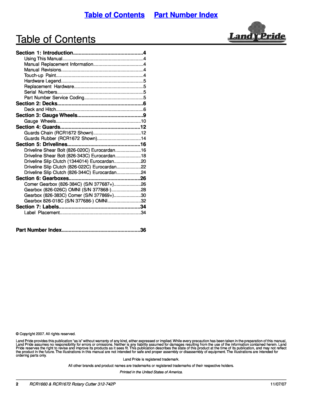 Land Pride RCR1660 Table of Contents Part Number Index, Introduction, Decks, Gauge Wheels, Guards, Drivelines, Labels 