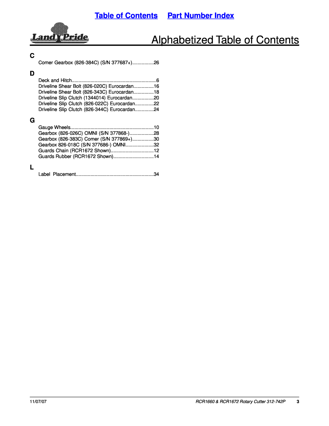 Land Pride RCR1660 manual Alphabetized Table of Contents, Table of Contents Part Number Index 
