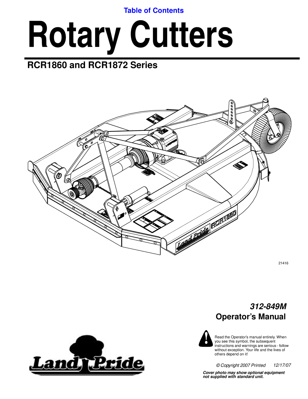 Land Pride RCR1872, RCR1860 manual Rotary Cutters 