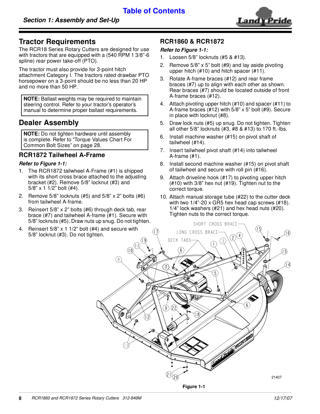 Land Pride manual Tractor Requirements, Dealer Assembly, RCR1860 & RCR1872, RCR1872 Tailwheel A-Frame 