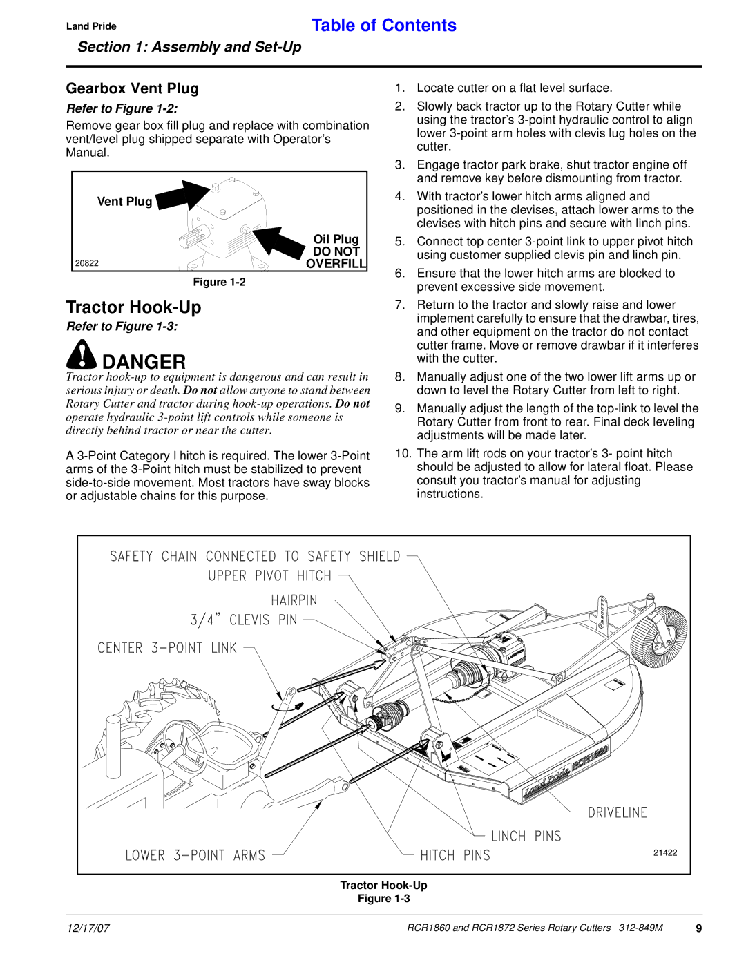 Land Pride RCR1872, RCR1860 manual Tractor Hook-Up, Table of Contents 