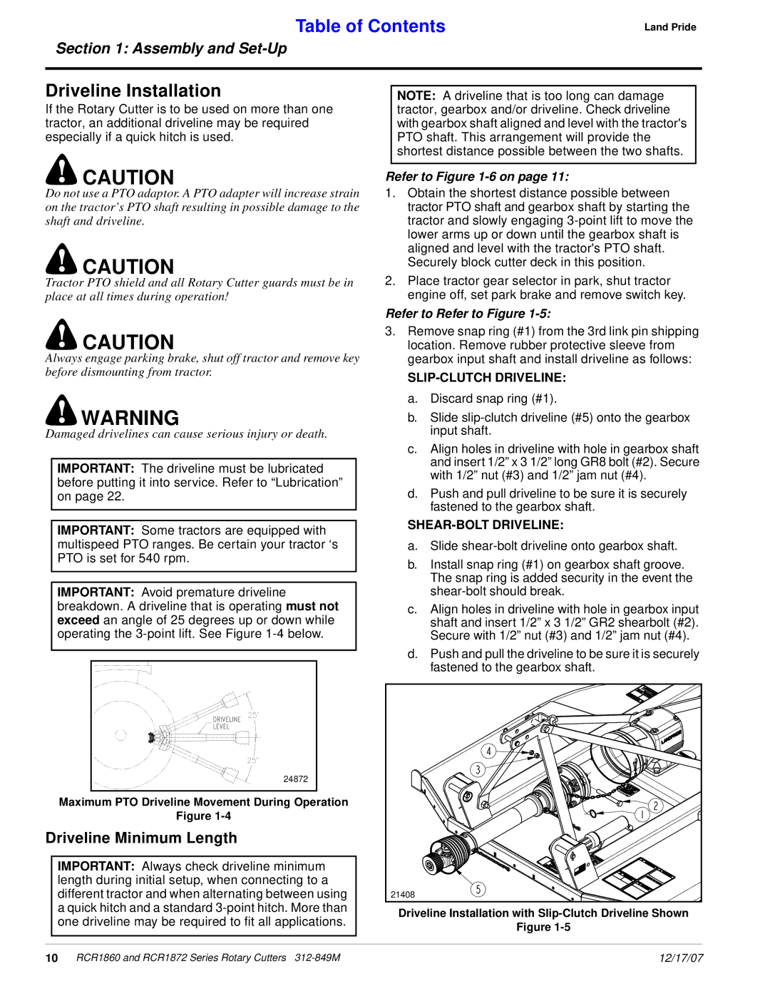 Land Pride RCR1860, RCR1872 manual Driveline Installation, Driveline Minimum Length 