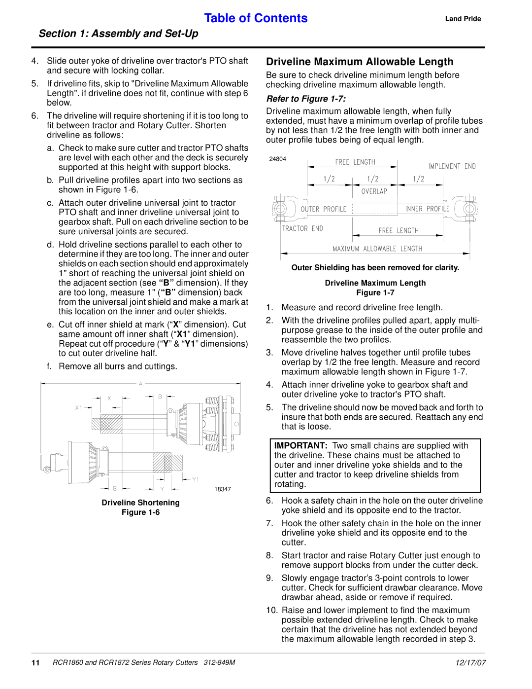 Land Pride RCR1872, RCR1860 manual Driveline Maximum Allowable Length 