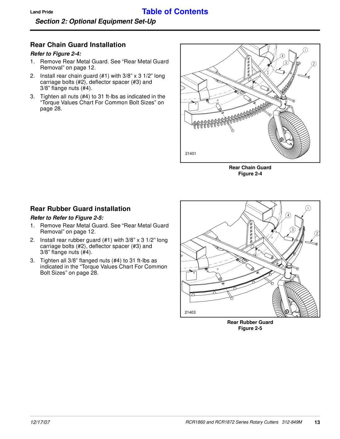 Land Pride RCR1872, RCR1860 manual Rear Chain Guard Installation, Rear Rubber Guard installation 