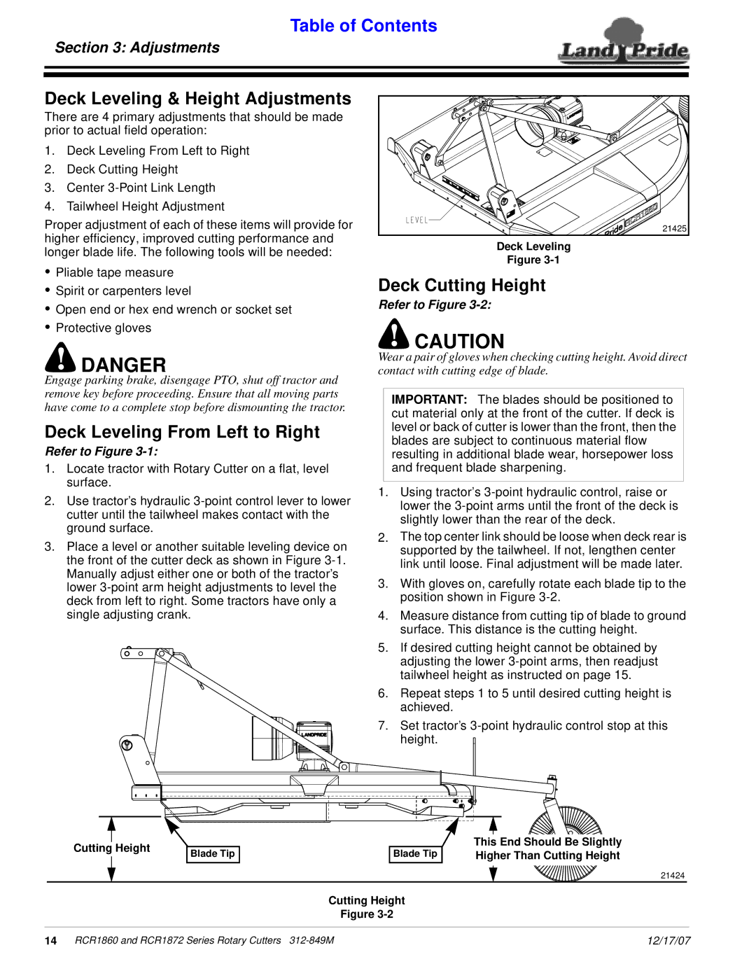 Land Pride RCR1860, RCR1872 manual Deck Leveling & Height Adjustments, Deck Leveling From Left to Right, Deck Cutting Height 