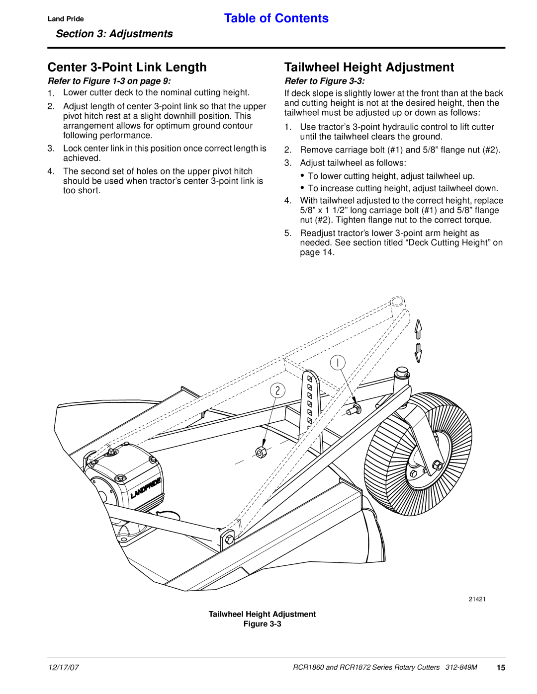 Land Pride RCR1872, RCR1860 manual Center 3-Point Link Length, Tailwheel Height Adjustment 