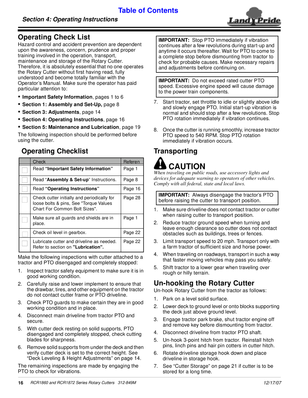 Land Pride RCR1860, RCR1872 manual Operating Check List, Operating Checklist, Transporting, Un-hooking the Rotary Cutter 