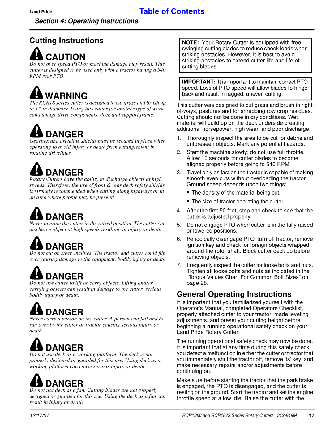 Land Pride RCR1872, RCR1860 manual Cutting Instructions, General Operating Instructions 