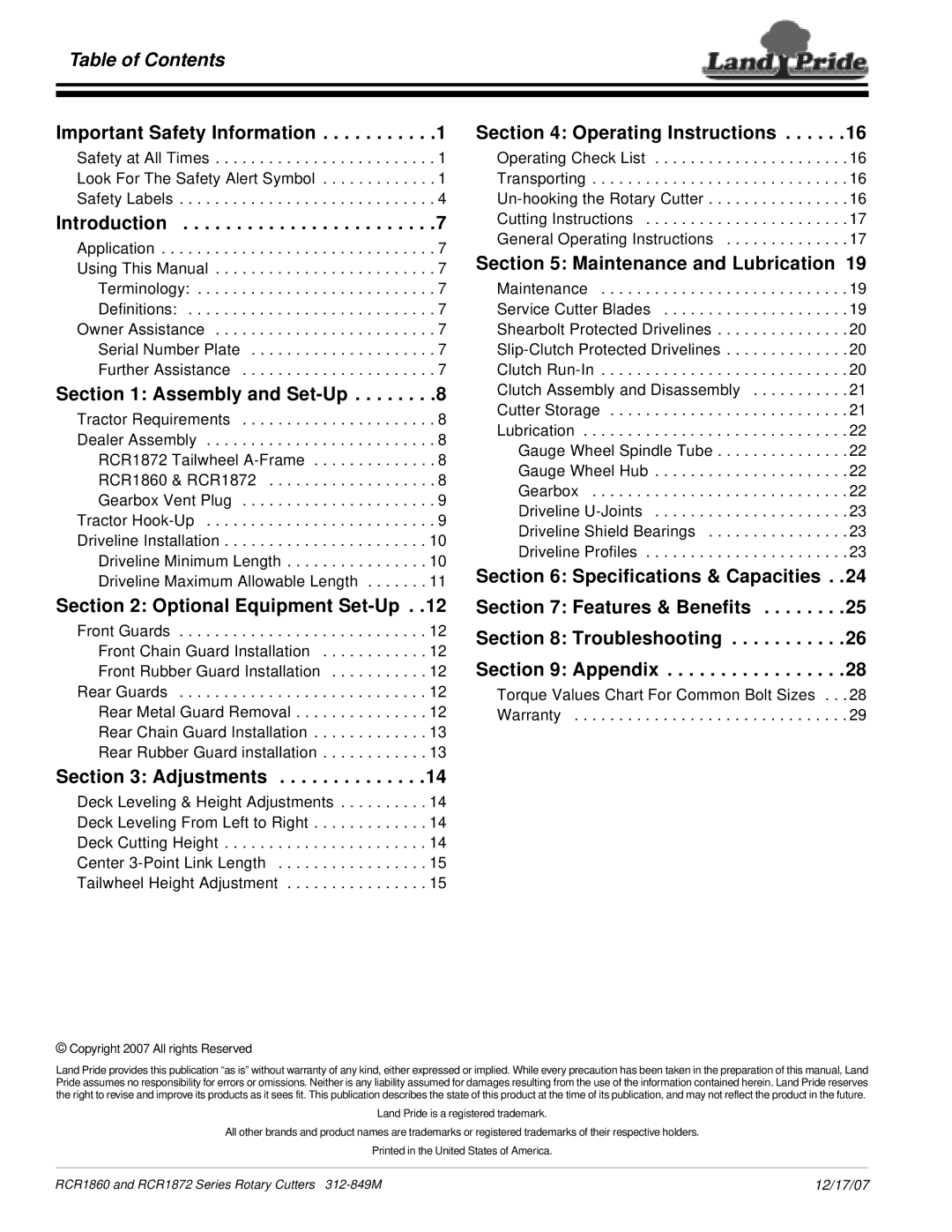 Land Pride RCR1860, RCR1872 manual Table of Contents 