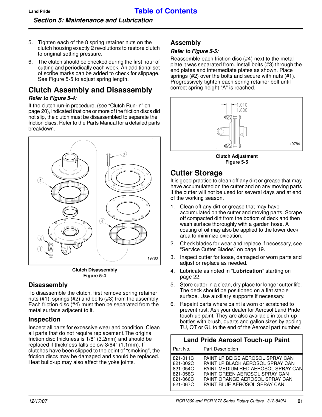 Land Pride RCR1872, RCR1860 manual Clutch Assembly and Disassembly, Cutter Storage 