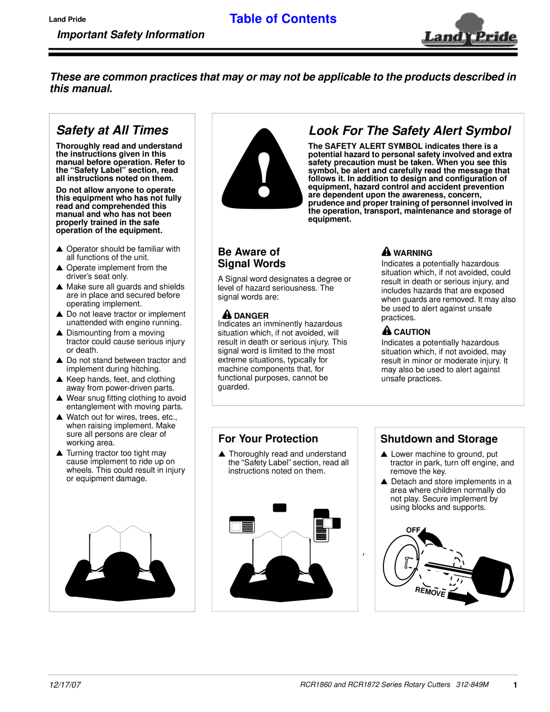 Land Pride RCR1872, RCR1860 manual Be Aware Signal Words, For Your Protection, Shutdown and Storage 