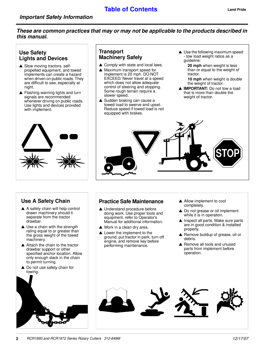 Land Pride RCR1860, RCR1872 manual Use Safety Lights and Devices, Transport Machinery Safely, Use a Safety Chain 