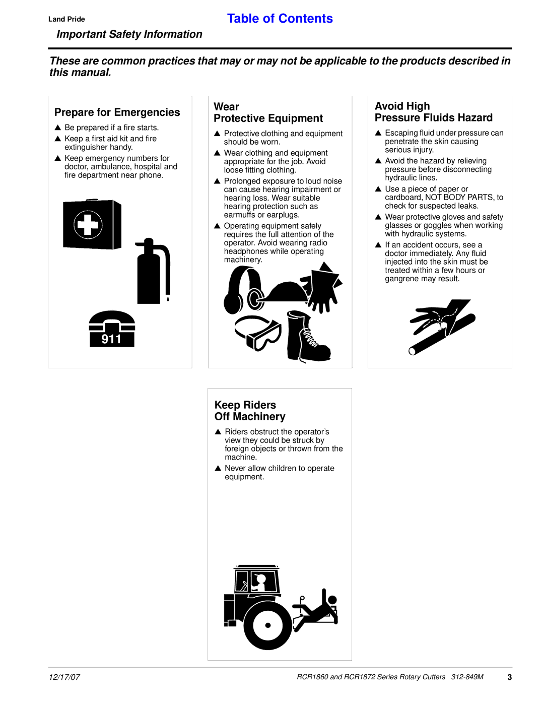 Land Pride RCR1872, RCR1860 manual Prepare for Emergencies, Wear Protective Equipment, Avoid High Pressure Fluids Hazard 