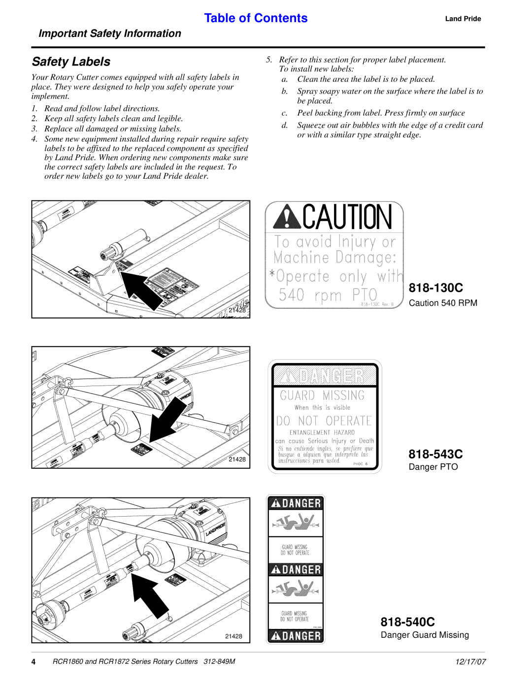 Land Pride RCR1860, RCR1872 manual 818-130C, 818-543C, 818-540C 