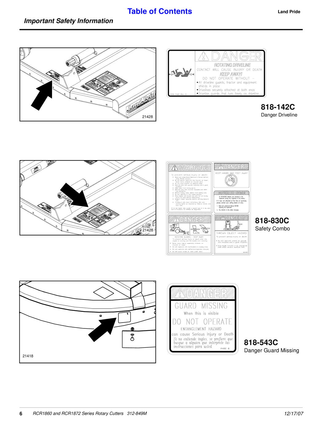 Land Pride RCR1860, RCR1872 manual 818-142C 818-830C 