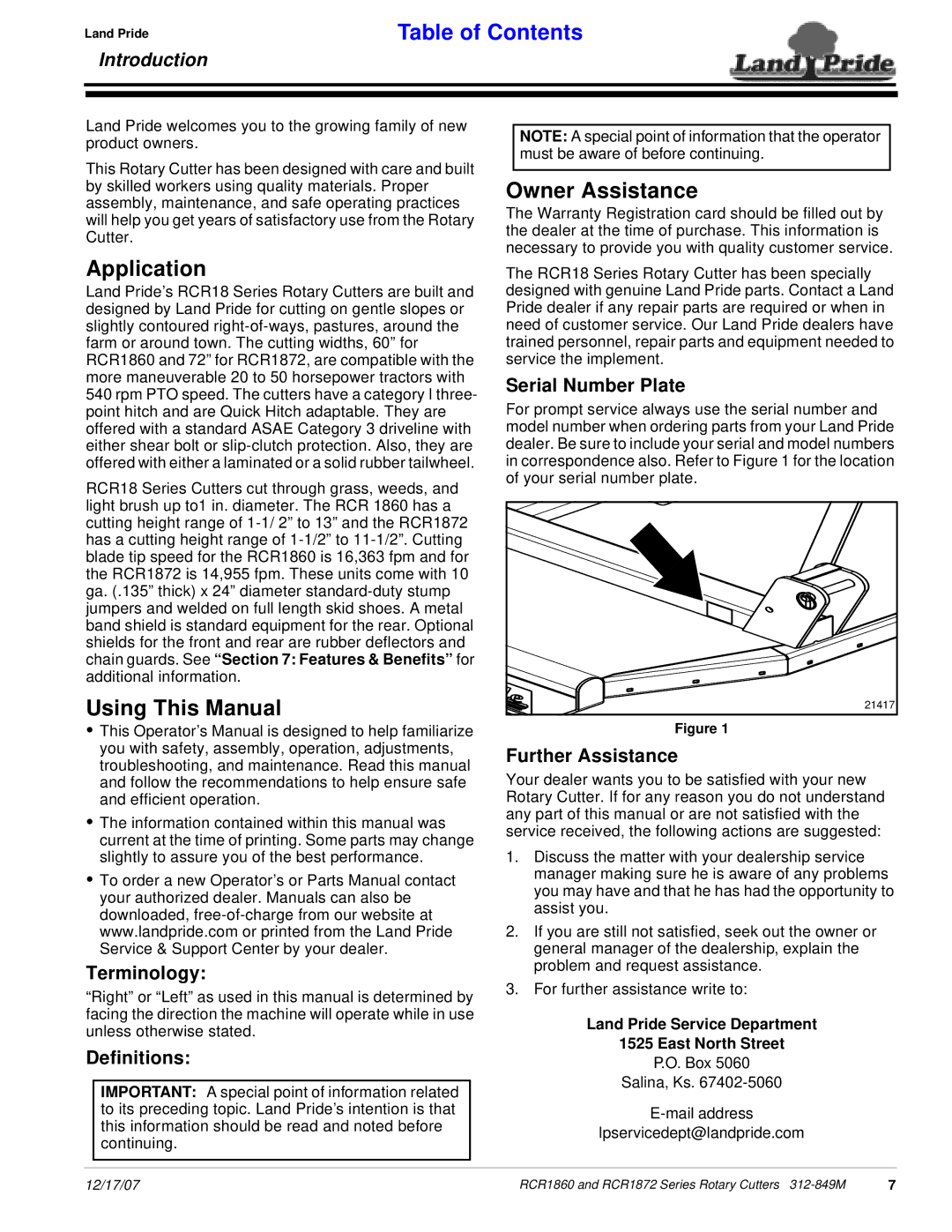 Land Pride RCR1872, RCR1860 manual Owner Assistance, Application, Using This Manual 