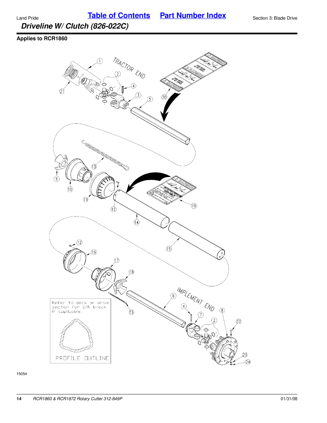 Land Pride RCR1860, RCR1872 manual Driveline W/ Clutch 826-022C 