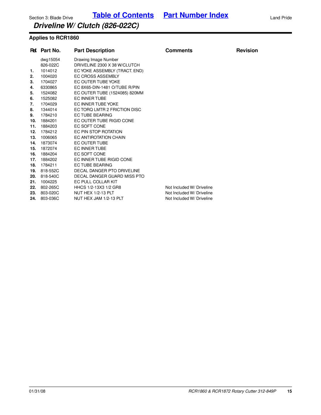 Land Pride RCR1872 manual EC Yoke Assembly TRACT. END, EC Cross Assembly, EC Outer Tube Yoke, EC 8X65-DIN-1481 O/TUBE R/PIN 