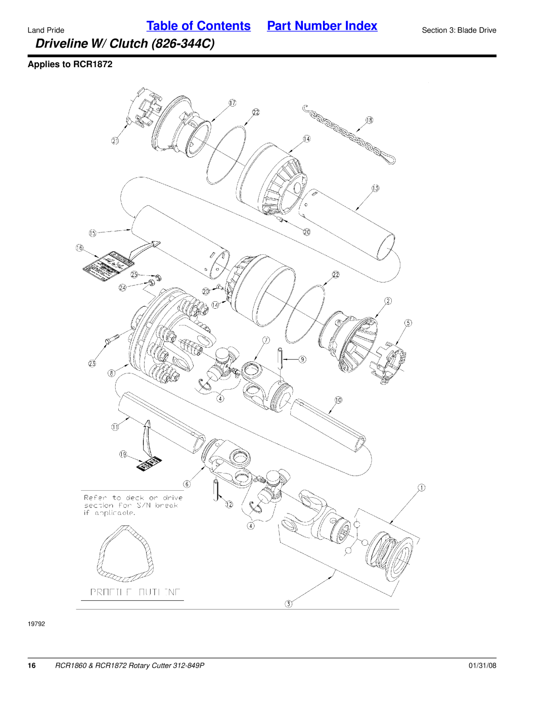 Land Pride RCR1860, RCR1872 manual Driveline W/ Clutch 826-344C 