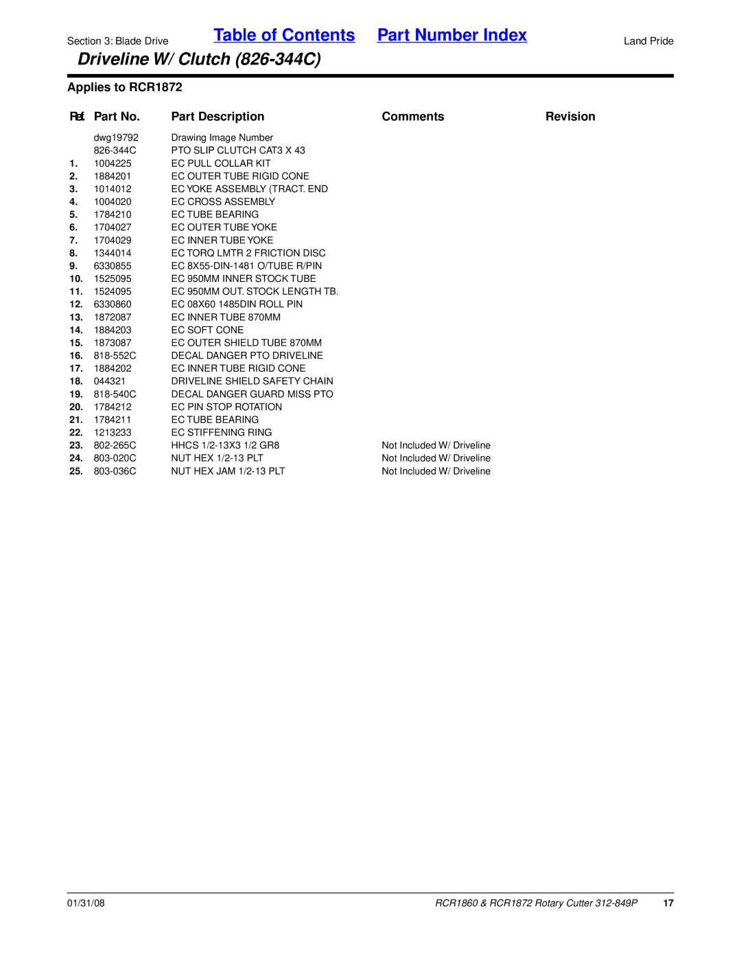 Land Pride RCR1872, RCR1860 manual EC 8X55-DIN-1481 O/TUBE R/PIN, EC 950MM Inner Stock Tube, EC 950MM OUT. Stock Length TB 