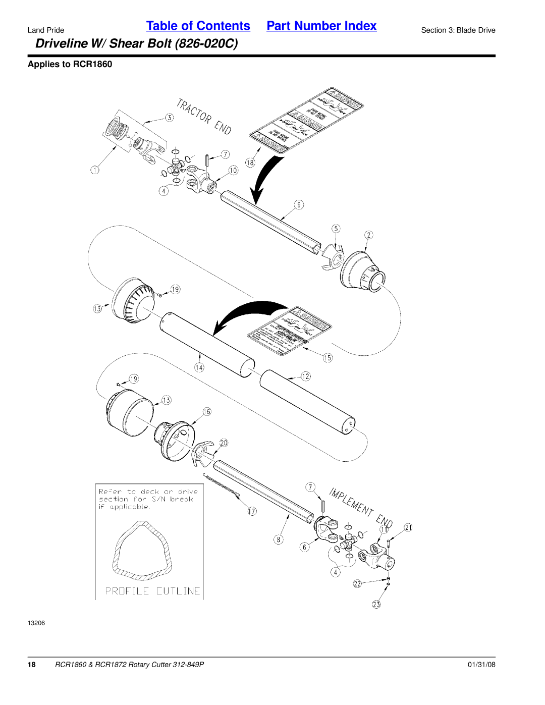 Land Pride RCR1860, RCR1872 manual Driveline W/ Shear Bolt 826-020C 