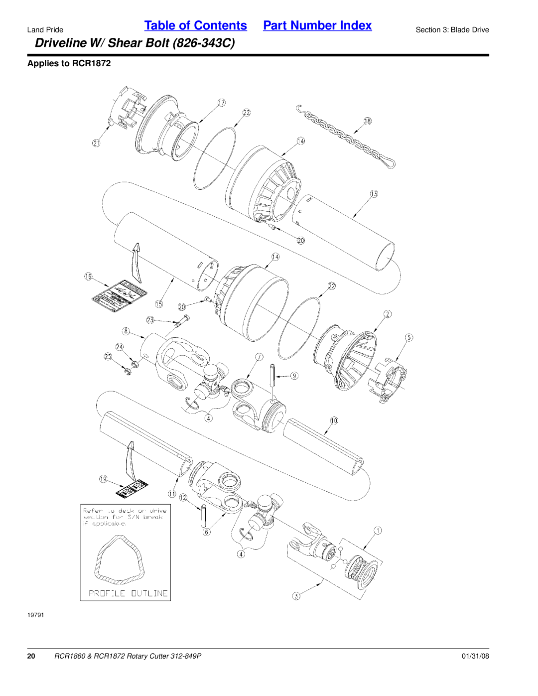 Land Pride RCR1860, RCR1872 manual Driveline W/ Shear Bolt 826-343C 