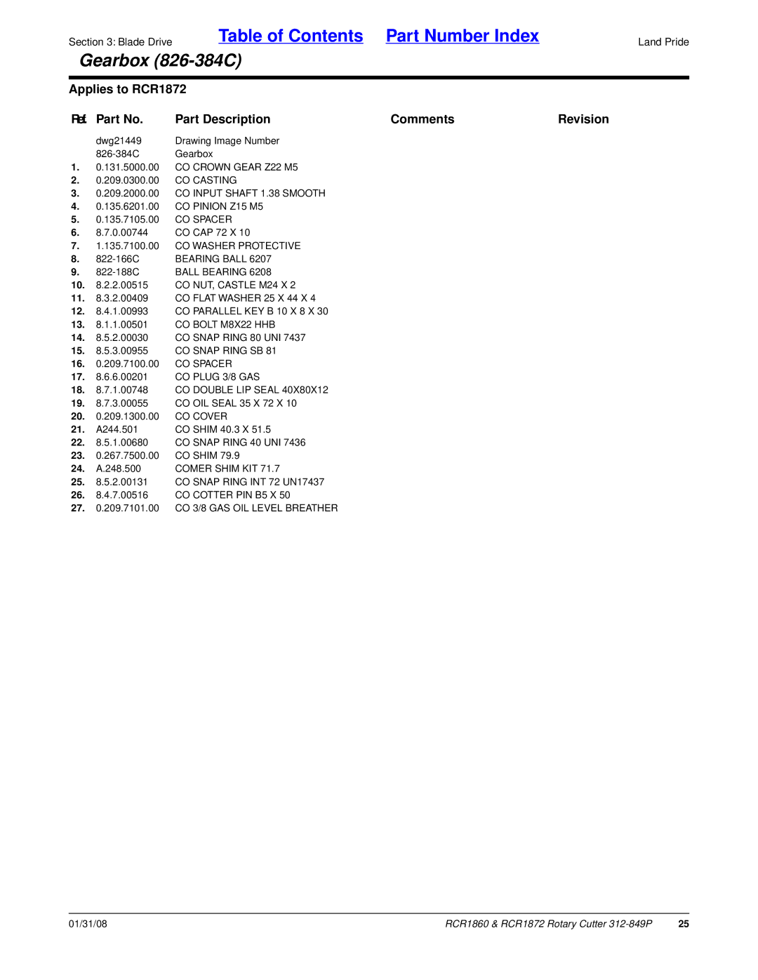 Land Pride RCR1872, RCR1860 manual Gearbox 826-384C 