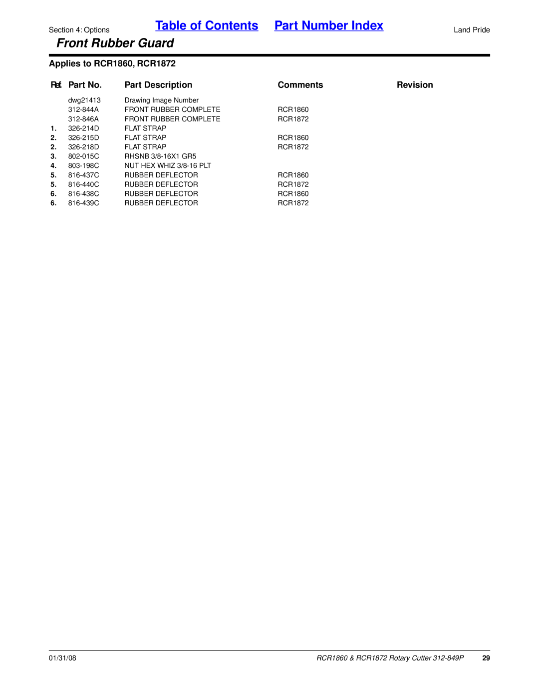 Land Pride RCR1872, RCR1860 manual Front Rubber Complete, Flat Strap, Rubber Deflector 