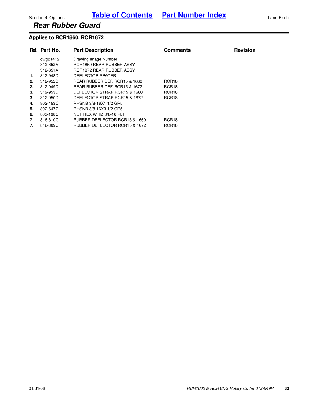 Land Pride manual RCR1860 Rear Rubber Assy, RCR1872 Rear Rubber Assy, Rear Rubber DEF. RCR15 RCR18 