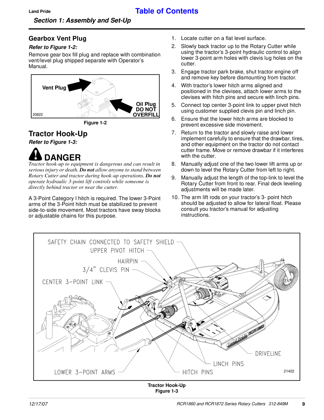 Land Pride RCR1872 Danger, Tractor Hook-Up, Table of Contents, Gearbox Vent Plug, Do Not, Overfill, Assembly and Set-Up 