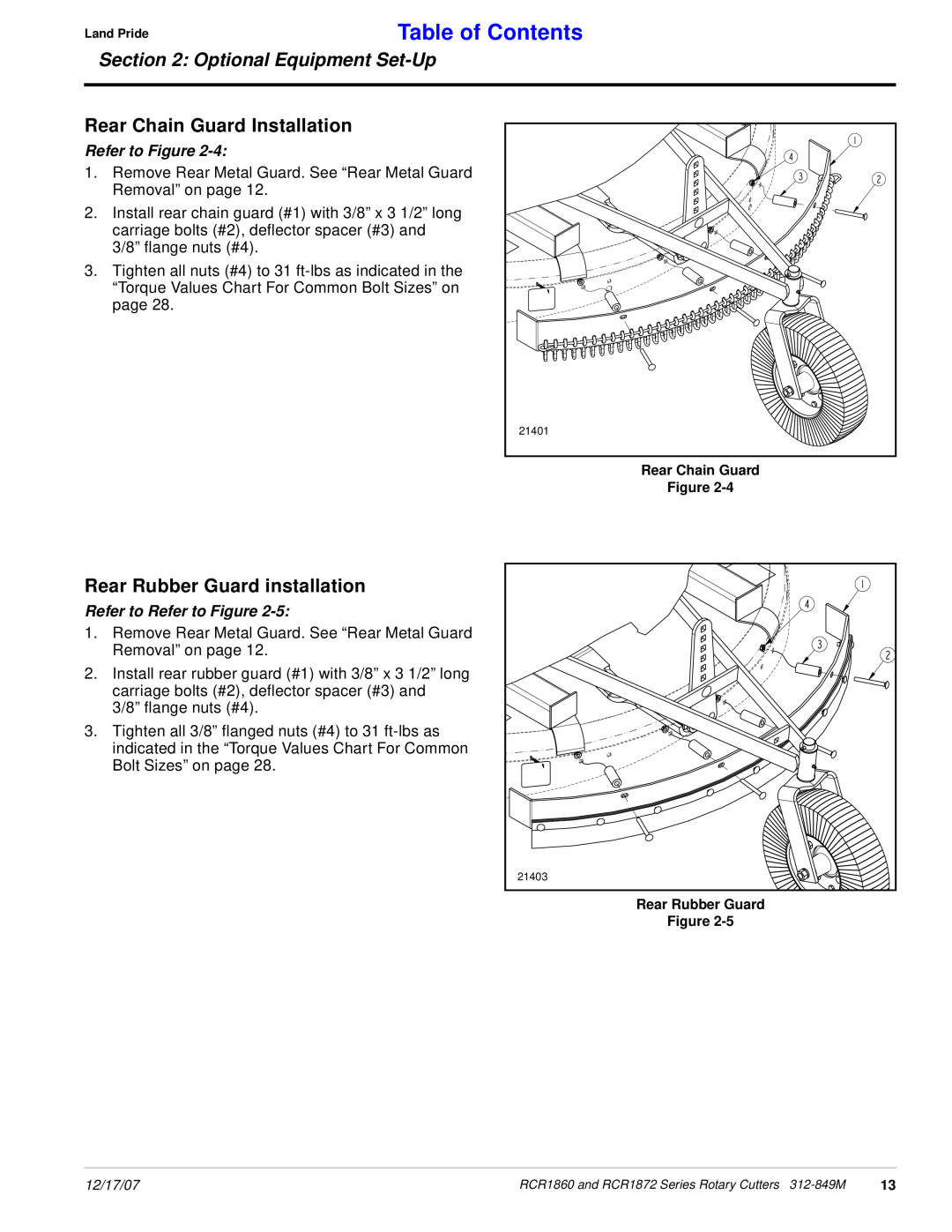 Land Pride RCR1872 manual Rear Chain Guard Installation, Rear Rubber Guard installation, Table of Contents, Refer to Figure 