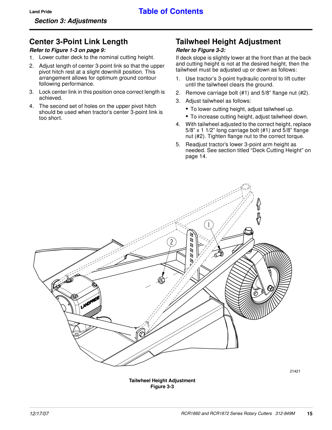 Land Pride RCR1872 manual Center 3-Point Link Length, Tailwheel Height Adjustment, Refer to -3 on page, Table of Contents 