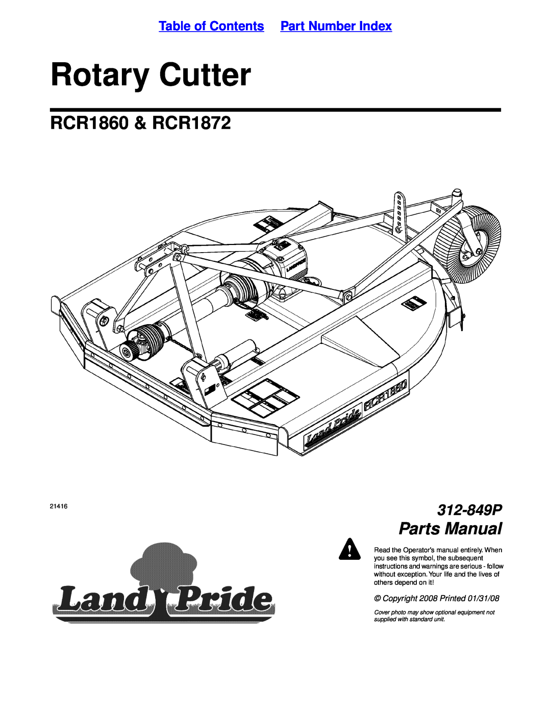 Land Pride manual Operator’s Manual, Table of Contents, Rotary Cutters, RCR1860 and RCR1872 Series, 312-849M, 12/17/07 
