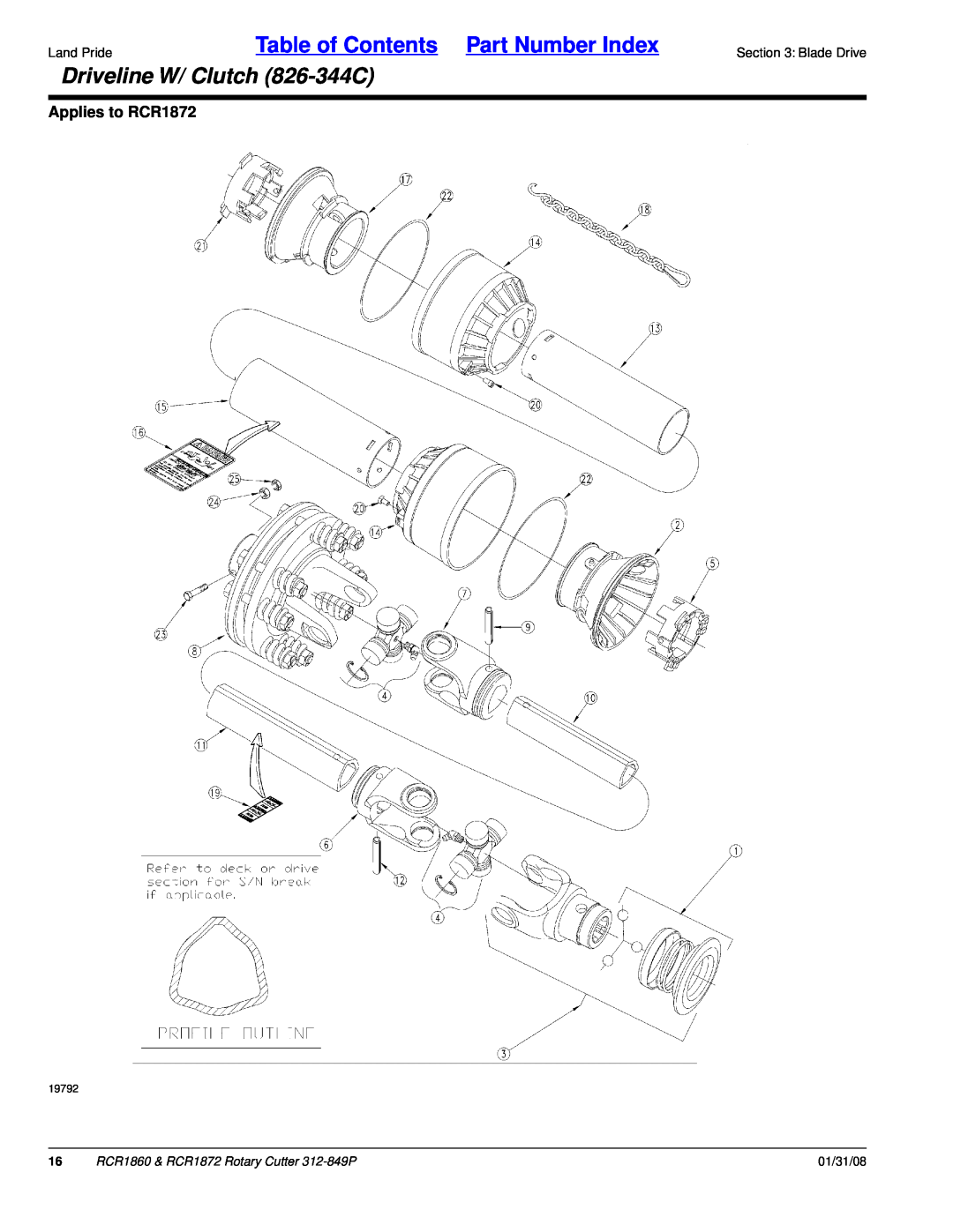 Land Pride RCR1860 manual Driveline W/ Clutch 826-344C, Applies to RCR1872, Table of Contents Part Number Index, 01/31/08 