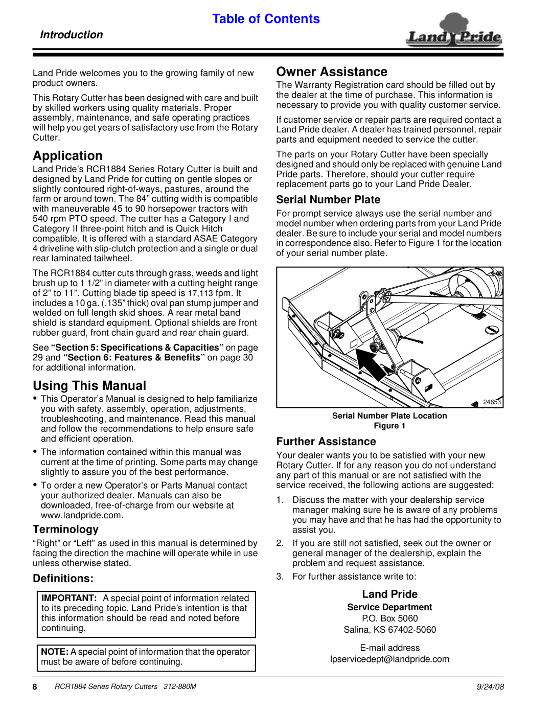 Land Pride RCR1884 manual Application, Using This Manual, Owner Assistance 