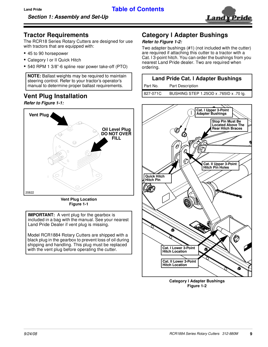 Land Pride RCR1884 manual Tractor Requirements, Vent Plug Installation, Category l Adapter Bushings, Refer to Figure 