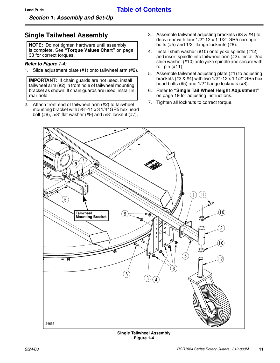 Land Pride RCR1884 manual Single Tailwheel Assembly, Tighten all locknuts to correct torque 