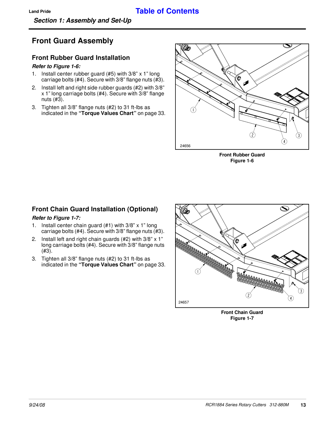 Land Pride RCR1884 manual Front Guard Assembly, Front Rubber Guard Installation, Front Chain Guard Installation Optional 